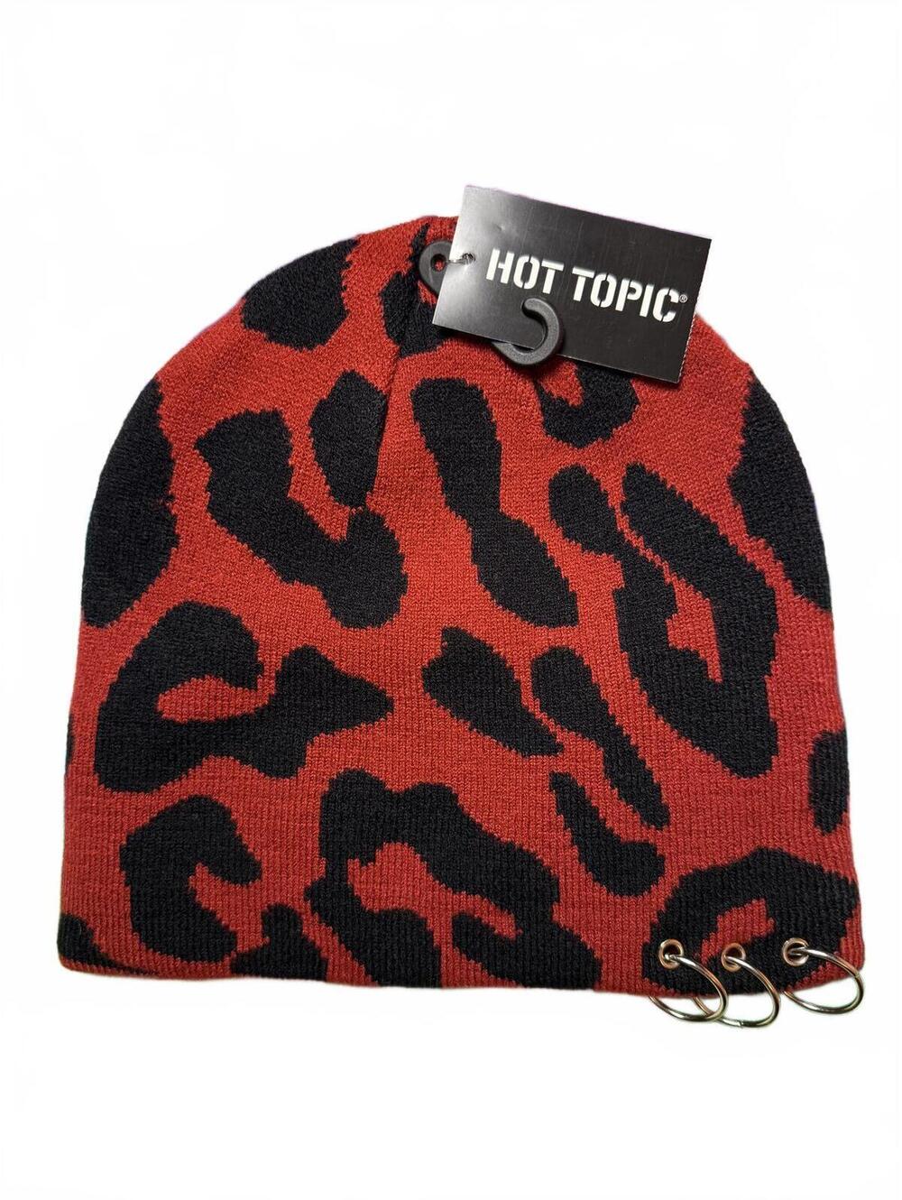 New NWT Hot Topic Red and Black Leopard Print Beanie with Piercing Rings
